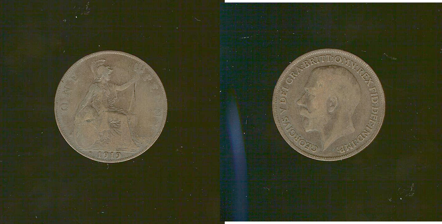 English penny 1919H gF